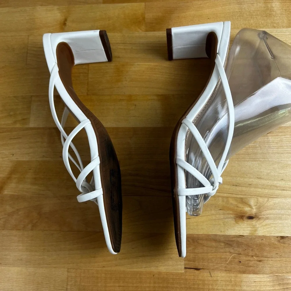 BP Square Toe Heeled Mules Sandal Knot Strap White‎ Block Heel Size 8.5
